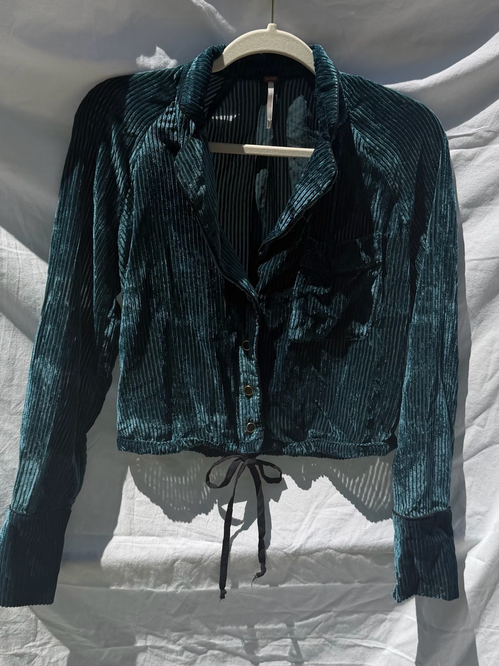 Free People Teal Velvet Cropped Button-Down Shirt